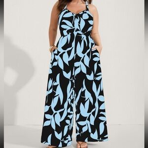 Black and Blue Leaf Print Jumpsuit
